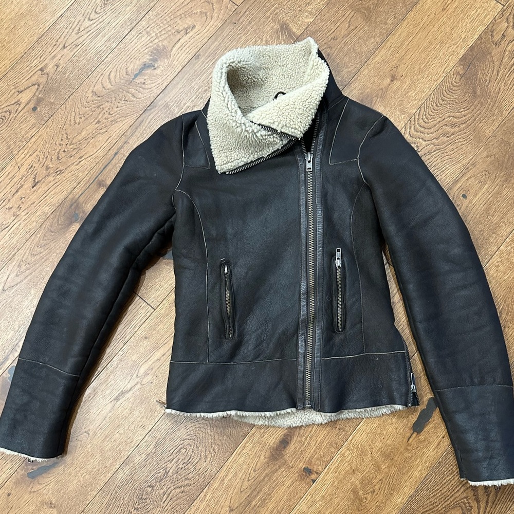All Saint Sheering Shield Leather sheepskin suede women Jacket size 8